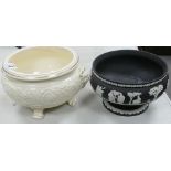 Wedgwood Black Jasper Ware Footed Fruit Bowl: together with similar cream ware bowl(lid missing)