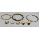 Collection of gold plated dress jewellery: Rolled gold and gold plated bangles x 4,