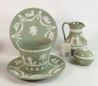 A collection of Wedgwood sage green items to include: small planter, water jug, egg box,