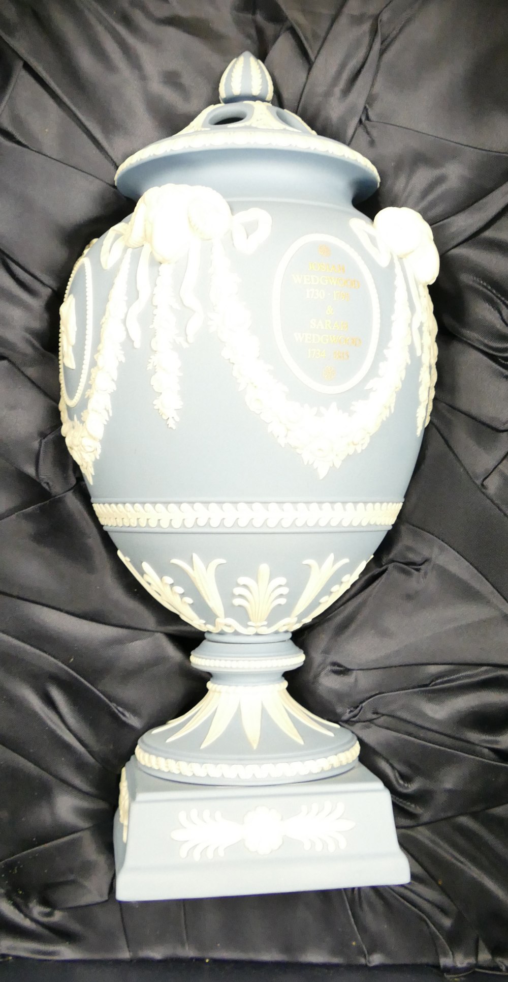 Wedgwood pale blue Jasperware urn & cover:made to commemorate 225th anniversary of the founding of