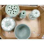 A collection of Wedgwood sage green items to include: flower vase, small planter, vase,