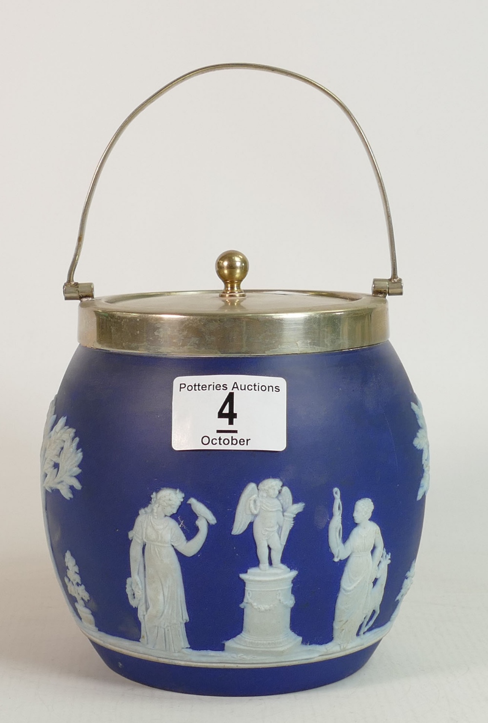 Wedgwood dipped blue biscuit barrel with silver plated fittings: height 13.