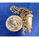 Victorian silver plated whistle and holder: Complete with chain and lion mask fitting.