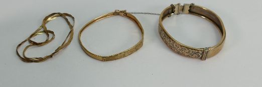 Two bangles & gold chain: Gold plate on silver bangle,