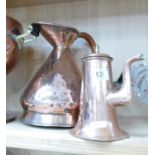 Copper chocolate pot: together with grain measure 29cm high.