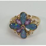 9ct opal amethyst & diamond dress ring: Weight 3.4g, one amethyst missing.