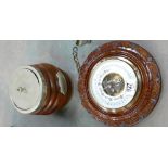 Carved Mahogany Wall Barometer: together with oak presentation biscuit barrel(2)