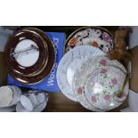 A mixed collection of items to include: Wedgwood commemorative plates, 3 tier cake stands,