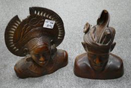 Indonesian Carved Wood Head Busts: Tribal Man and Woman Portrait Art Statues, damages noted to
