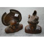 Indonesian Carved Wood Head Busts: Tribal Man and Woman Portrait Art Statues, damages noted to