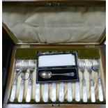 Cased Edwardian Mother of Pearl Handled Knife & Fork set: together with cased silver spoon(2)