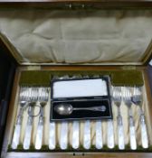 Cased Edwardian Mother of Pearl Handled Knife & Fork set: together with cased silver spoon(2)