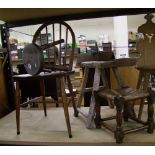 Three rustic wooden stools: together with a kitchen chair