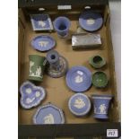 A collection of Wedgwood jasper ware: to include vases, lidded boxes, pin dishes etc