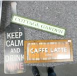 Two framed signs: Caffe Latte and cottage garden together with a metal wine bottle sign (3)