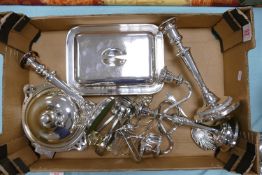 A good collection of silver plated items to include: pair of candlesticks, candelabra, cutlery etc