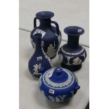 A collection of Wedgwood Queens Blue items to include: small portland vase, vases together with