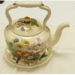 Spode large ceramic kettle and stand: decorated with flowers and fruits. height 29cm