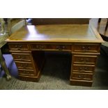 Pine leather topped desk: 121cm long x 80cm high x 60cm depth