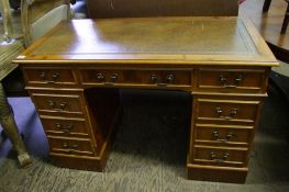 Pine leather topped desk: 121cm long x 80cm high x 60cm depth