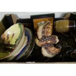 A mixed collection of items to include : a resin owl, small bokhara rug, Royal Doulton series ware