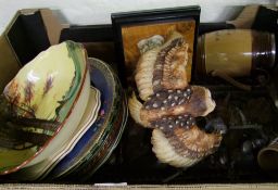 A mixed collection of items to include : a resin owl, small bokhara rug, Royal Doulton series ware