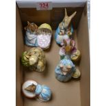 Beswick beatrix potter figures: hunca munca, mrs rabbit and bunnies, mrs rabbit, mr old man ptoleny,