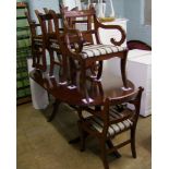 Mahogany effect extending dining table: with four chairs and two carvers. Full length when