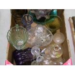 A mixed collection of glass ware: carnival glass bowl, uranium glass bowls, vases etc (1 tray).