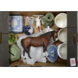 A collection of pottery to include: Wedgwood jasper ware ware, glass paperweights, Beswick horse and