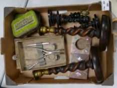 A mixed collection of items to include: Barley Twist Candlesticks, Home Dentistry Kit, tin boxes etc