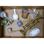 A mixed collection of items to include: Brass Candlesticks, Royal Worcester Turquoise Coffee Can &