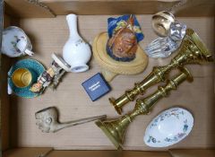 A mixed collection of items to include: Brass Candlesticks, Royal Worcester Turquoise Coffee Can &