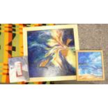 Three modern oil on canvas paintings: sea landscape, winter theme by DMK 2011 and one of a large