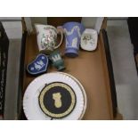 Wedgwood jasperware items to include: flared vase, lemon on black wall plate, other Wedgwood items