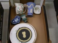 Wedgwood jasperware items to include: flared vase, lemon on black wall plate, other Wedgwood items