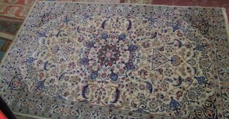 Persian silk and wool carpet: Some wear to the corners. 208cm x 123cm