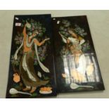 A pair of Persian wood decorated pictures of lady musicians 60cm x 27cm (2)