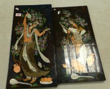 A pair of Persian wood decorated pictures of lady musicians 60cm x 27cm (2)