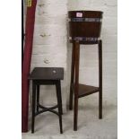 Vintage oak barrel / wine bucket on stand: height 92cm together with a small occasional table (2)
