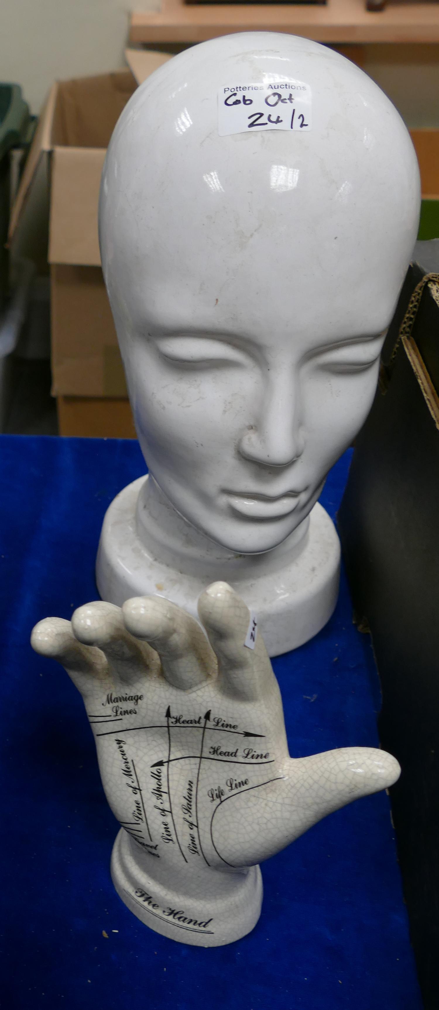 Pottery Palmistry Hand Figure: together with similar bust figure(2)