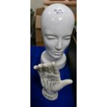 Pottery Palmistry Hand Figure: together with similar bust figure(2)