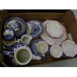 A Churchill willow pattern teapot: together with similar blue and white items etc.