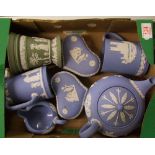 A collection of Wedgwood Jasper ware items to include: teapot, creamer, vases, tankard etc