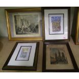 Two water colours signed M Bauetti of city landscapes: together with 2 church prints (4)