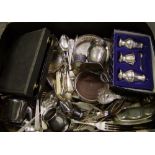 A collection of silver plated items to include: Trays, Cutlery sets, Serving spoons, Condiment set
