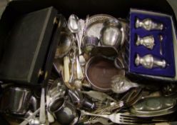 A collection of silver plated items to include: Trays, Cutlery sets, Serving spoons, Condiment set