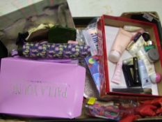 A mixed collection of items: to include ladies scarves, boxed wig, clutch bags, make up etc (1