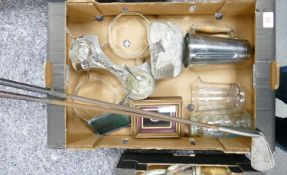 A mixed collection of items to include: vintage Horlicks jar, jug and metal cup, golf clubs,