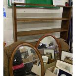 Oak six shelf open book case: together with two wood framed bevel edged oval mirrors. Height 142cm x